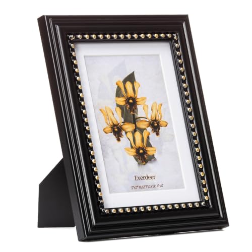 Everdeer 5x7 Black Picture Frame with Gold Beaded Border - Wall & Tabletop Display