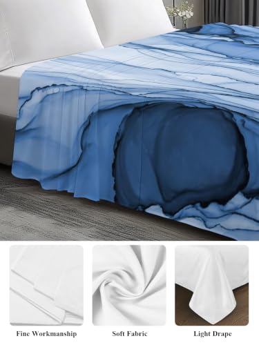 Twin Flat Sheet Blue Marble Veins - Microfiber Bed Bedding for All Seasons - LooPoP