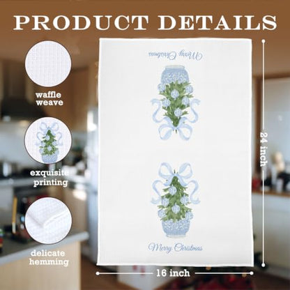Christmas Tree Chinoiserie Kitchen Towels - Blue Coquette Bow Waffle Decor - 16x24 Inches - Holiday Home Decor - Variation of THIS listing