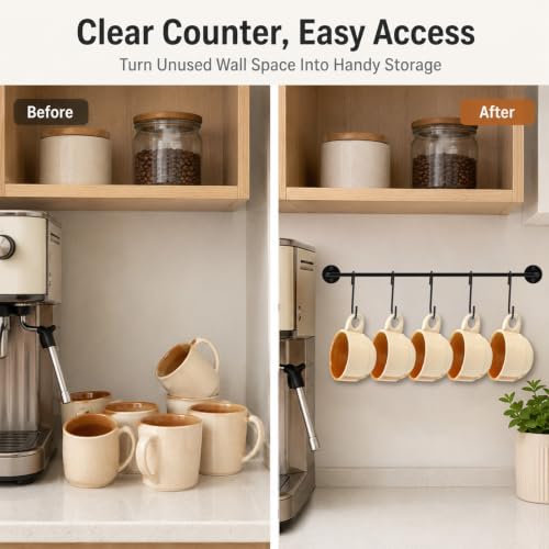 Wall Mounted Coffee Mug Holder Rack with 5 Hooks - Black Metal Kitchen Organizer - Variation 1