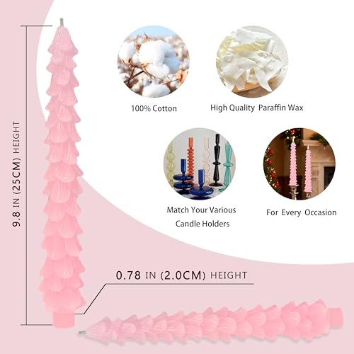 Pink Christmas Tree Candles Set of 2 - 10 Inch Tree-Shaped Taper Candles