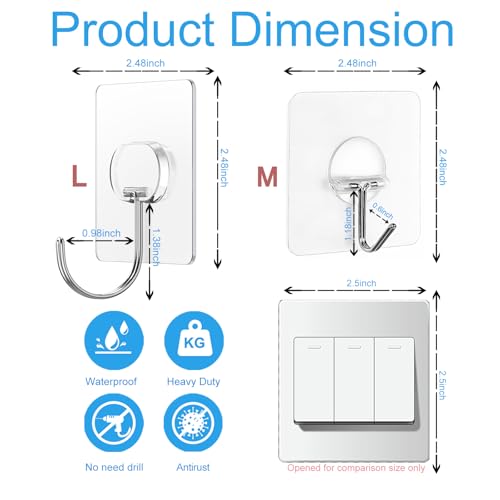 Clear Large Adhesive Wall Hooks 24 Pack - Heavy Duty Waterproof Towel & Coat Hangers