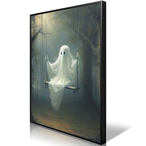 Nanxiwofee Vintage Cute Ghost Canvas Wall Art, Framed Funny Ghost on A Swing in The Forest Aesthetic Poster, Gothic Dark Academia Wall Decor, Creepy Spooky Abandoned Art Halloween Pictures 12x16in