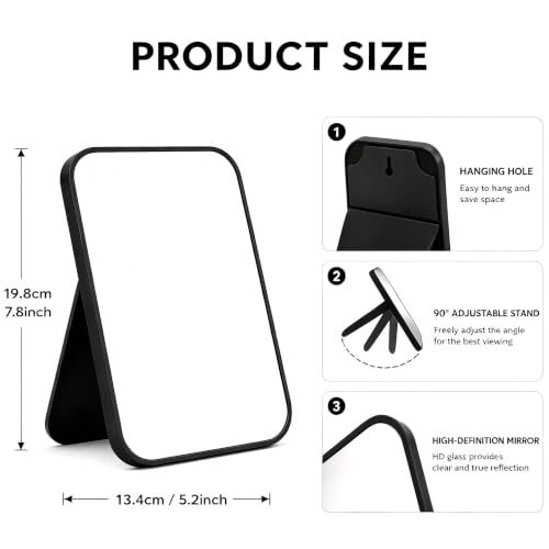8 Inch Desktop Makeup Mirror with 90° Adjustable Stand and Wall Mount, Portable Black Vanity Mirror