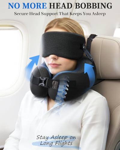 Travel Pillow for Long Flights Deep Black with Eye Mask & Head Strap Support