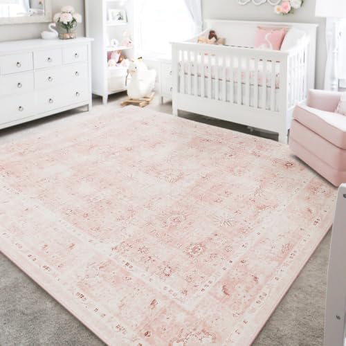 Pink 6x8 Area Rug for Baby Girl Kids Playroom Floral Carpet - Pink & White