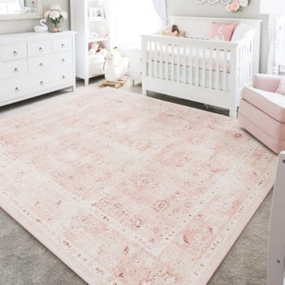 Pink 6x8 Area Rug for Baby Girl Kids Playroom Floral Carpet - Pink & White