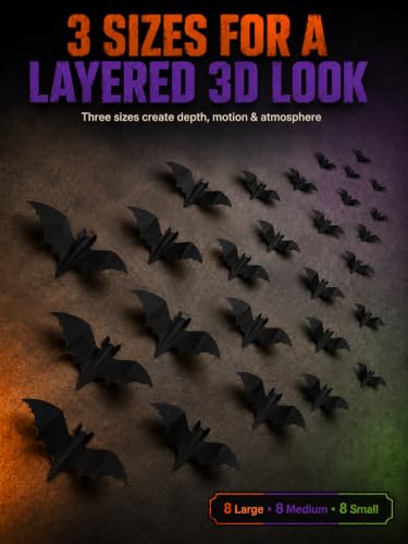 Halloween Wall Decor Kit with 3D Bats Spiders Web Skulls and LED Lights