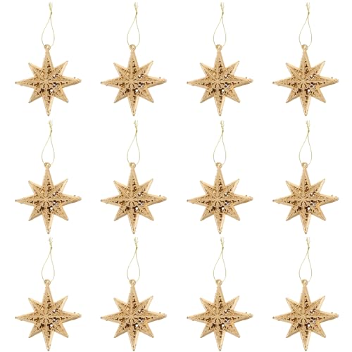 12 Pcs Gold Christmas Star Ornaments Mini Eight-Pointed Tree Decorations