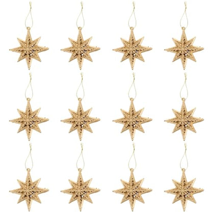 12 Pcs Gold Christmas Star Ornaments Mini Eight-Pointed Tree Decorations