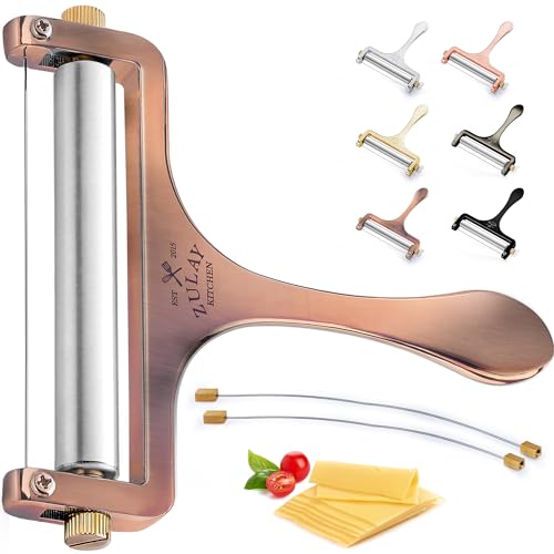 Zulay Cheese Slicer With Adjustable Thickness - Wire Cheese Slicer For Mozzarella Cheese, Cheddar Cheese, Gouda Cheese - Cheese Slicers For Block Cheese Heavy Duty With 2 Extra Wires (Copper)