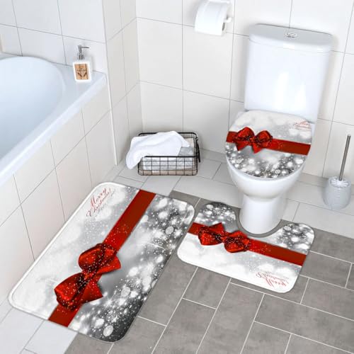 Christmas Bow Bathroom Set with Shower Curtain, Bath Rugs & Accessories - Red