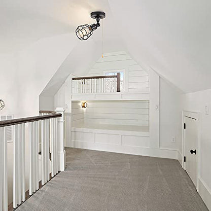 Industrial Farmhouse Close to Ceiling Light with Pull Chain 1 Light Black Semi Flush Mount Ceiling Light Adjustable Metal Cage Directional Wall Sconce Wall Lamp with Pull String for Kitchen Laundry