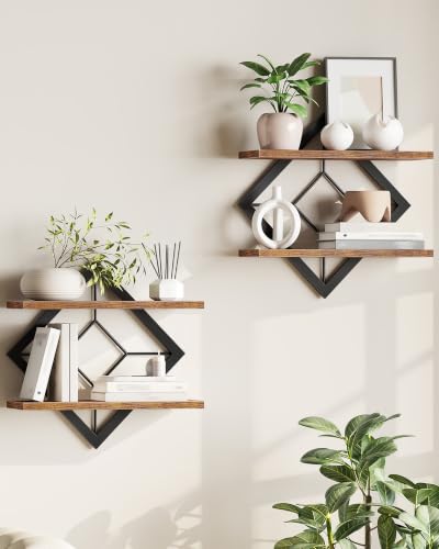 Diamond-Shaped Floating Wall Shelves Set of 2 - Rustic Brown & Black