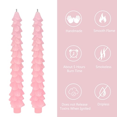 Pink Christmas Tree Candles Set of 2 - 10 Inch Tree-Shaped Taper Candles