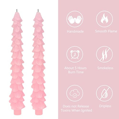 Pink Christmas Tree Candles Set of 2 - 10 Inch Tree-Shaped Taper Candles