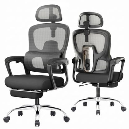 Ergonomic Office Chair with Footrest & Mesh Back, Reclines 90-145°, Black Silver