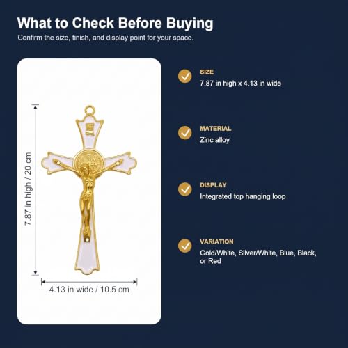 Roman Catholic Gold Corpus Saint Benedict Crucifix Wall Cross - 8 Inch White Enamel Finish