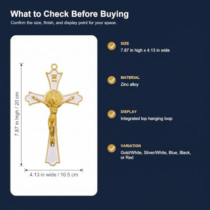 Roman Catholic Gold Corpus Saint Benedict Crucifix Wall Cross - 8 Inch White Enamel Finish