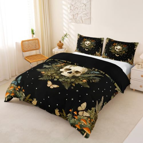 Gothic Skull Duvet Cover Set Queen Size Halloween Bedding - No Comforter, Black Green