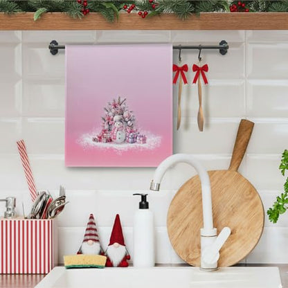 Pink Preppy Coquette Bow Christmas Snowman Kitchen Towels - Holiday Dish Hand Towels 16x24