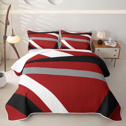 Full Size Red Gray Black Striped Quilt Set with 2 Pillowcases - Modern Geometric Bedding