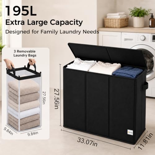 UFORU 195L 3-Section Laundry Hamper with Lid - Black, Collapsible & Removable Mesh Bags