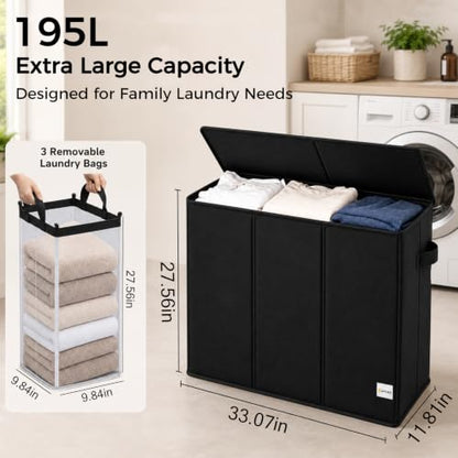 UFORU 195L 3-Section Laundry Hamper with Lid - Black, Collapsible & Removable Mesh Bags