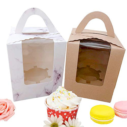 30 Pcs Cupcake Boxes Individual Kraft Paper Single Cupcakes Containers with Window Insert and Handle for Wedding Birthday Party Favor Packaging