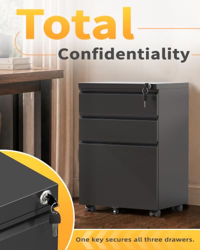 Omelaza Fully Assembled 3-Drawer Mobile File Cabinet Lockable Black