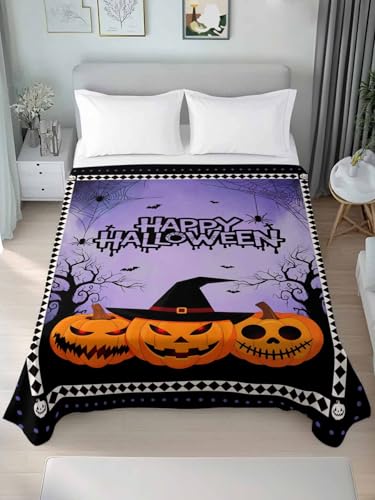 Halloween Twin Flat Sheet - Purple Bats & Pumpkin Design, Luxury Hotel Quality Bedding