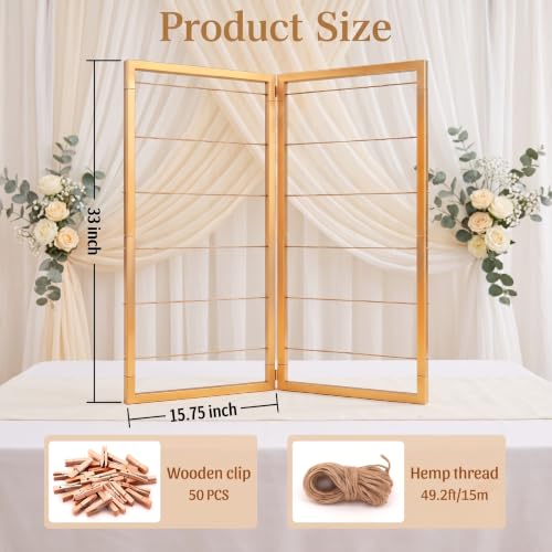 Gold Photo Display Board, Picture Collage Holder with Rope & Clips