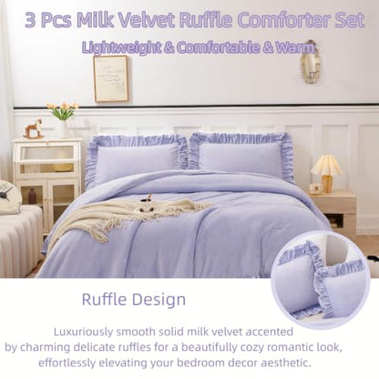 Purple Full Size Fluffy Faux Fur Comforter Set for Girls - Lavender Bedding with Ruffled Edges