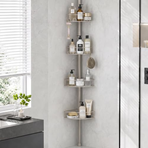 TOOLF Corner Shower Caddy Tension Pole 4-Tier Bathroom Organizer Gray