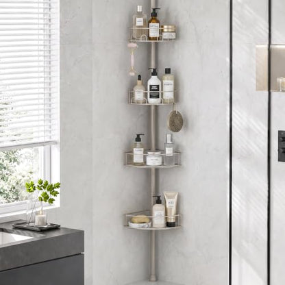 TOOLF Corner Shower Caddy Tension Pole 4-Tier Bathroom Organizer Gray