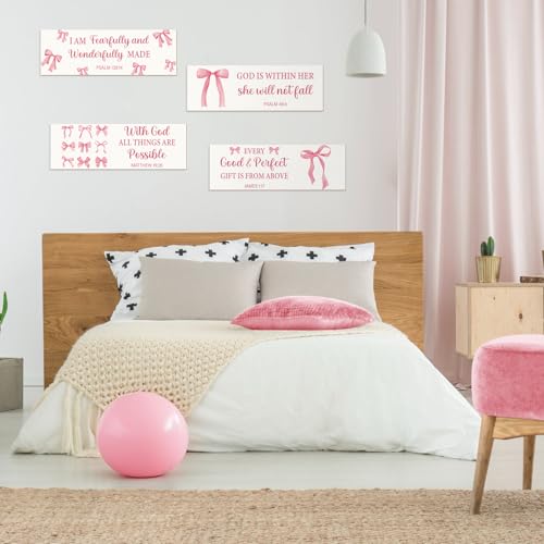 Pink Bow Christian Wall Decor Set - 4 Wooden Religious Room Accents