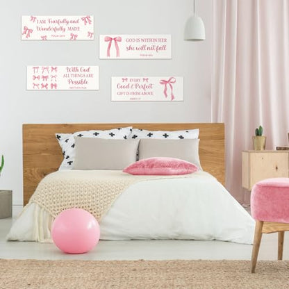 Pink Bow Christian Wall Decor Set - 4 Wooden Religious Room Accents