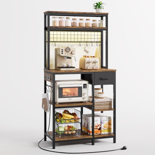 30 Inch Kitchen Bakers Rack with Power Outlet & LED Light - Rustic Brown, 6-Tier Microwave Stand with Drawer & Hooks
