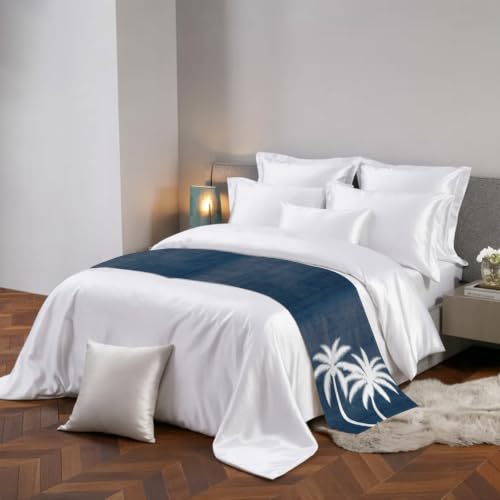 102x20 Inch Navy Blue Palm Tree Bed Runner for Cal King Bed - Tropical Coastal Decor