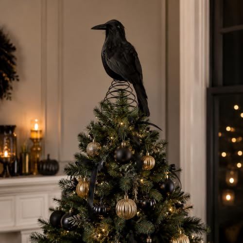 Halloween Crow Tree Topper - 9 Inch Black Raven Decoration for Tall Trees