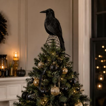 Halloween Crow Tree Topper - 9 Inch Black Raven Decoration for Tall Trees