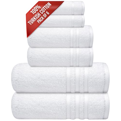 Infinitee Xclusives 6 Piece Premium Towel Set, 2 Bath Towels, 2 Hand Towels, and 2 Wash Cloths, 100% Ring Spun Turkish Cotton Highly Absorbent Towels for Bathroom, Gym, Hotel, and Spa (Bright White)