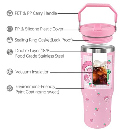 Unyopsa Frog Tumbler with Lid and Straw 30oz Flip Straw Mushroom Tumbler Glass Insulated Cute Frog Travel Mug with Handle Frog Gifts for Women