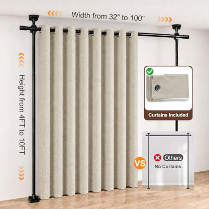 No Drill Room Divider Tension Curtain Rod & 100% Blackout Linen Curtain Set - Natural, 100W x 96L