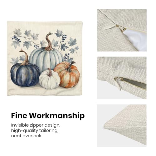 Fall Throw Pillow Covers 18x18 Inch - Pumpkin Maple Design Set of 2 - Orange Blue