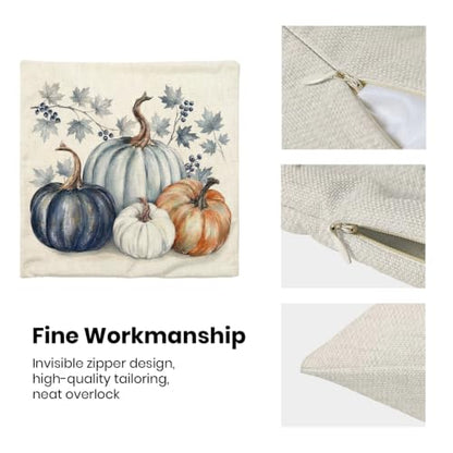 Fall Throw Pillow Covers 18x18 Inch - Pumpkin Maple Design Set of 2 - Orange Blue