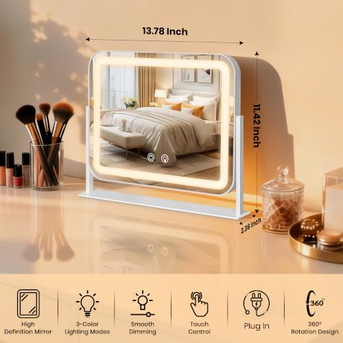 White LED Lighted Makeup Mirror 13.8x11.4 Inches Touch Screen Dimmable Vanity with 3 Color Lighting & 360° Rotation
