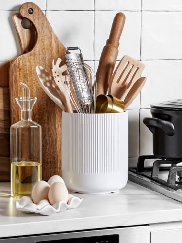 Large Ceramic Kitchen Utensil Holder White 7.3 Inch Countertop Organizer
