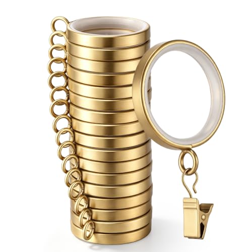 18 pcs Brushed Gold Curtain Rings with Clips, 1-5/8 Inch Quiet Drapery Rings