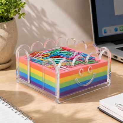 White Scalloped Acrylic Sticky Note Holder with Smile Face Cutout - 3x3 Inch Desk Organizer